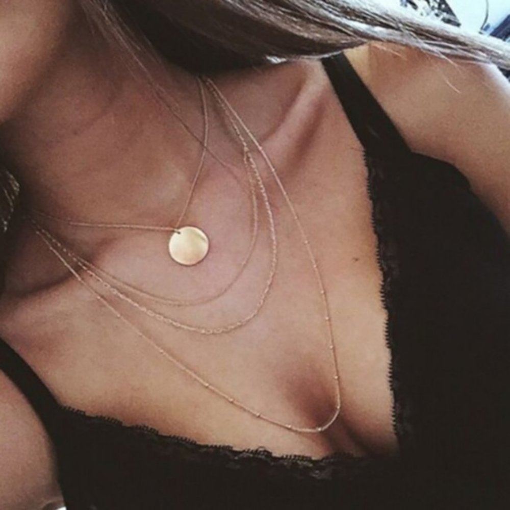 Boho Long Layered Round Circle Pendant Necklace